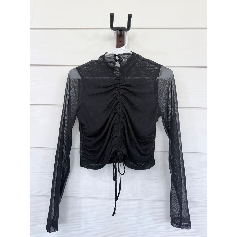 V- 61- Jolie & Joy Black Mesh Ruched Front Mock Neck Crop Top XL J4F6497C